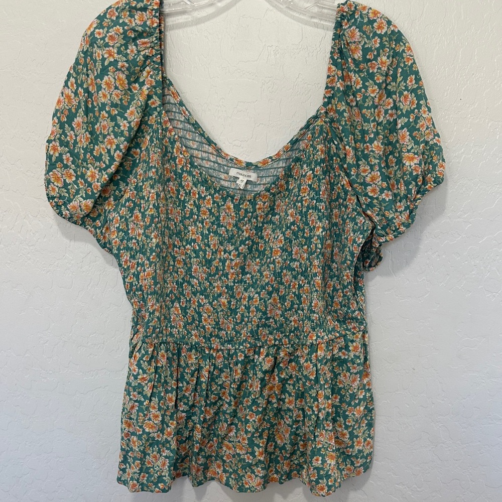 Maurices Green Floral‎ Blouse plus XXL blouse baby doll smocked bubble peplum